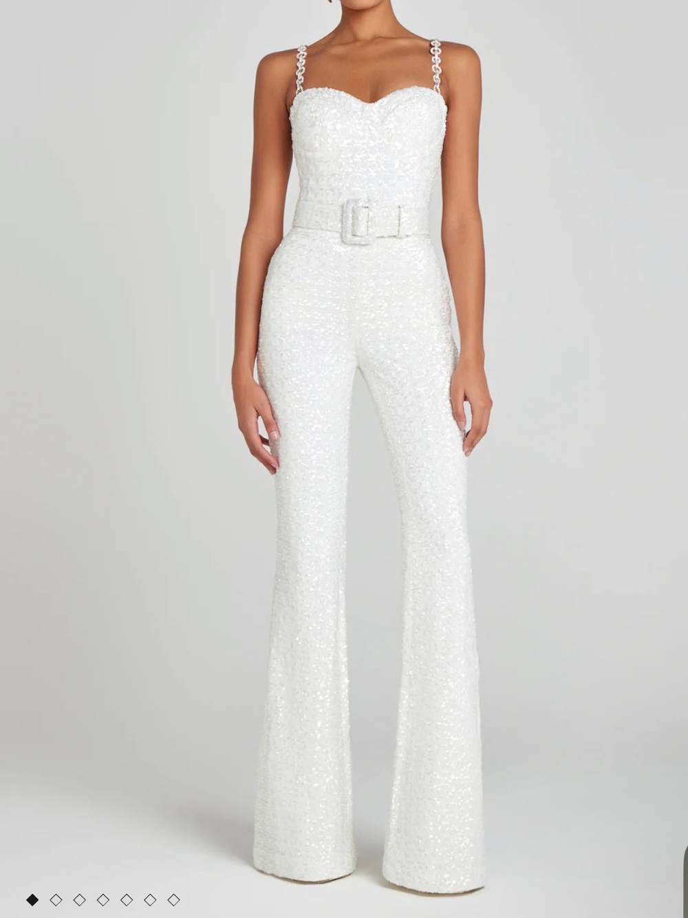 NADINE MERABI Lucinda White Sequined Strap Flare Jumpsuit with Belt